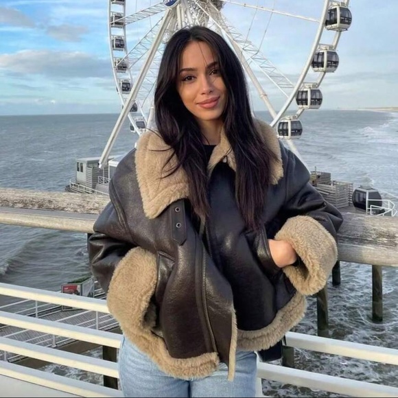 Vegan Leather Aviator Jacket Faux Shearling Trim Shearling Lined chocolate brown - Picture 4 of 12